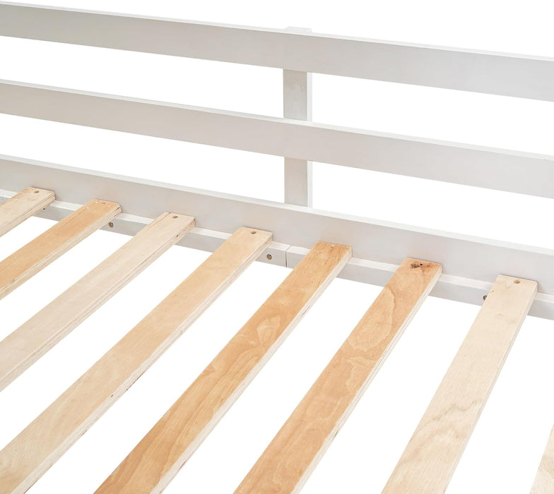 Twin over Twin House Bunk Bed Frame with Roof,Window,Ladder and Slide for Boys Girls, White & Brown