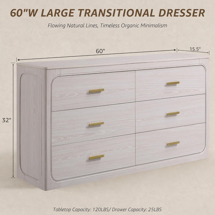 60" Wide Transitional 6-Drawer Dresser for Bedroom, Frosted Oak