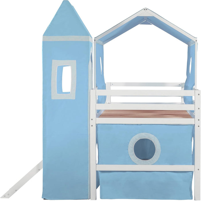 Twin Loft Bed With MultiSlide Playhouse AzureOceanBlue