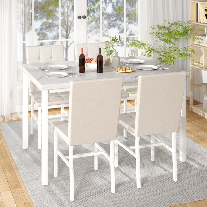 Snow White MarblePatterned Dining Table Set FivePiece