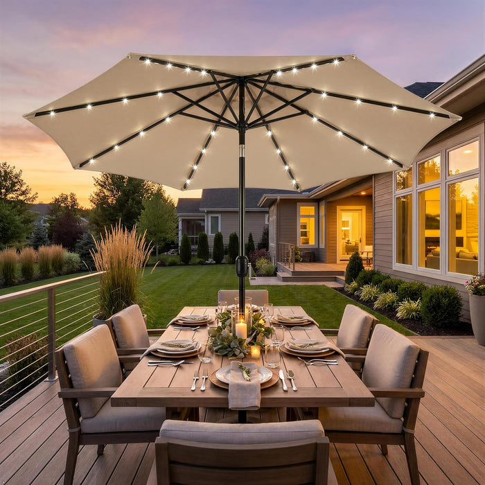 9FT Solar Powered Patio Umbrella - UV Protection Market Table Umbrella W/ 32 LED Lights & Push Button Tilt & Crank Lift System for Garden/Lawn/Deck/Backyard/Pool,Tan