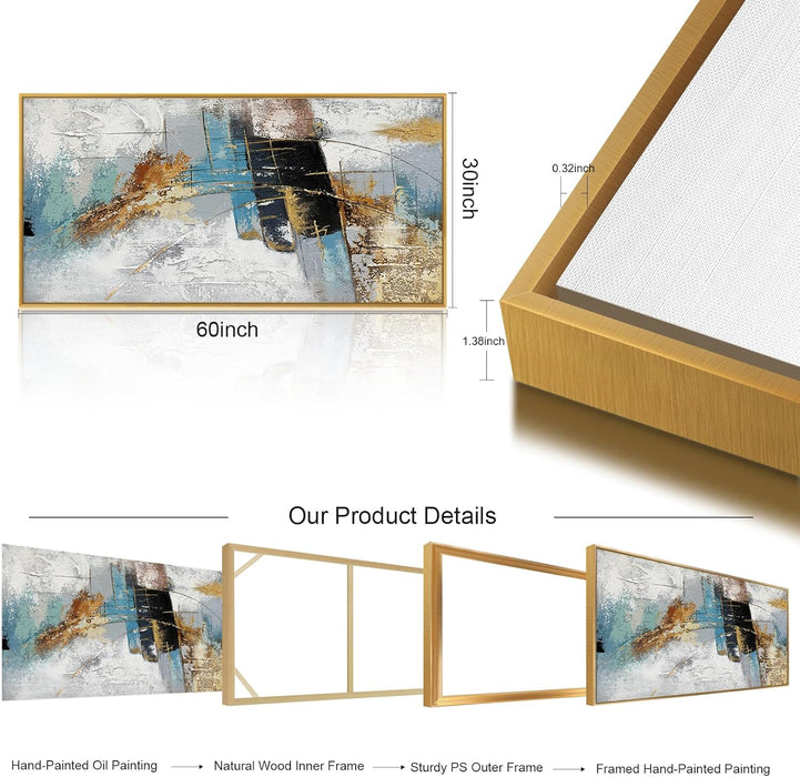 Large 100% Handmade Abstract Oil Painting with Frame Modern Original Hand Painted Heavy Textured Wall Painting Blue Gold Grey Canvas Wall Art Wall Decor for Living Room Bedroom Office Hang 60X30 Inch