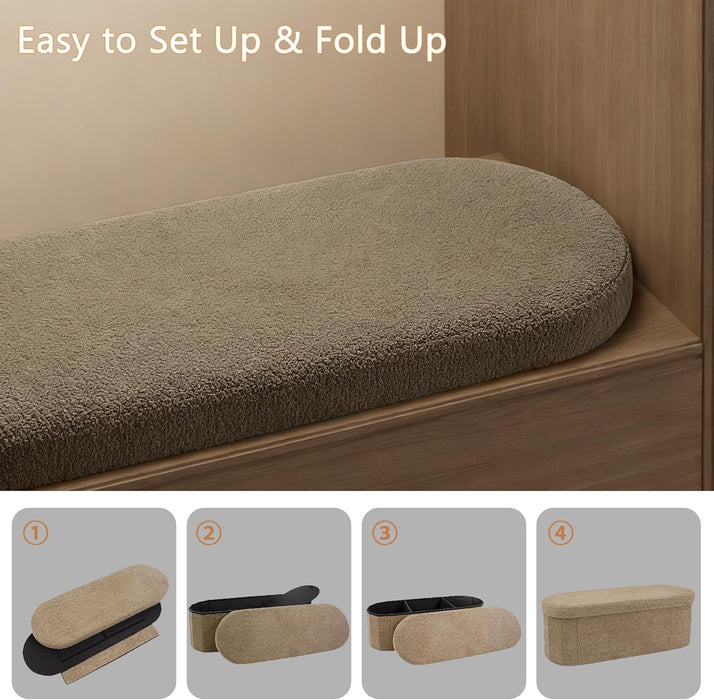 Oval Storage Ottoman Bench, Sherpa Foot Rest, 43 Inch Folding Ottoman for Living Room, Bedroom Storage Chest, Brown