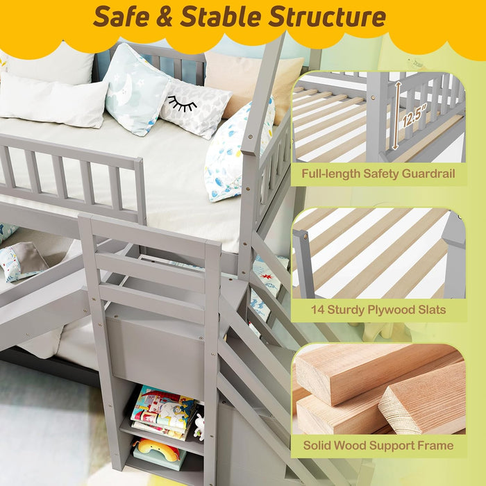 House Bunk Bed Twin over Twin with Slide & Stairs, Wood Bunk Bed with Storage Shelves, No Box Spring Needed, Twin Floor Bed for Kids Teens Boys Girls (Grey)