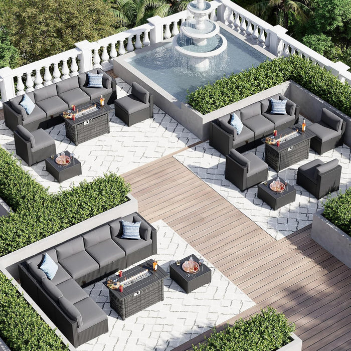 8 Piece Patio Furniture Set with 44" Fire Pit Table Wicker Rattan Sectional Sofa Outdoor Seating with Thickened Cushion, Grey