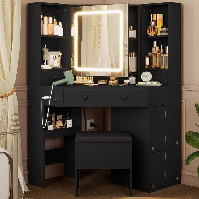 Vanity Desk with Mirror Lights, Storage Bench & Power Outlet, Corner Vanities with Rotating Cabinet & Drawers, 3 Light Settings Vanity Set, for Women Girls, Black
