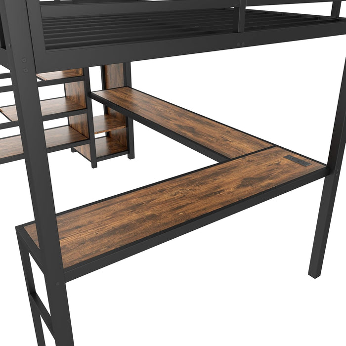 Queen Loft Bed with Desk & Wardrobe, Heavy Duty Metal Loft Beds Frame with Storage Stairs, LED Loft Bed Queen Size with Charging Station & Safety Guardrails, Dark Wood Grain