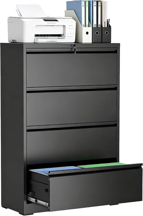 4 Drawer File Cabinet,Metal Lateral Filing Cabinet with Lock,Home Office Storage Organizer Cabinet for Legal/Letter/A4/F4 Size Files,35.5" W,Black