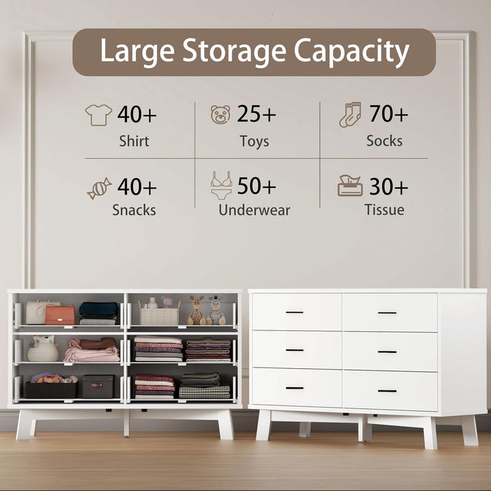 Dresser for Bedroom, 6 Drawer Wide Modern Chest of Drawers with X-Shaped Sturdy Base, Wood Double Dresser Closet Clothes Storage Organizer, Wooden TV Stand for Living Room, Hallway, White
