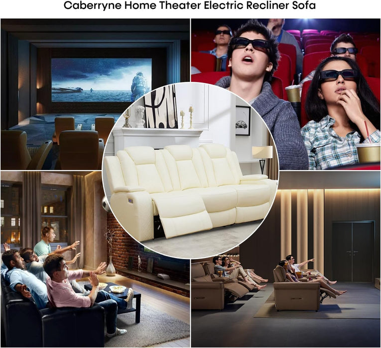 Power Recliner Sofa Set with LED Lights,Leather Reclining Sofa with USB Port/Wireless Charger/Storage Console/Cup Holder,Living Room Furniture Set for House/Home Theater(3 Piece Set,Creamy)
