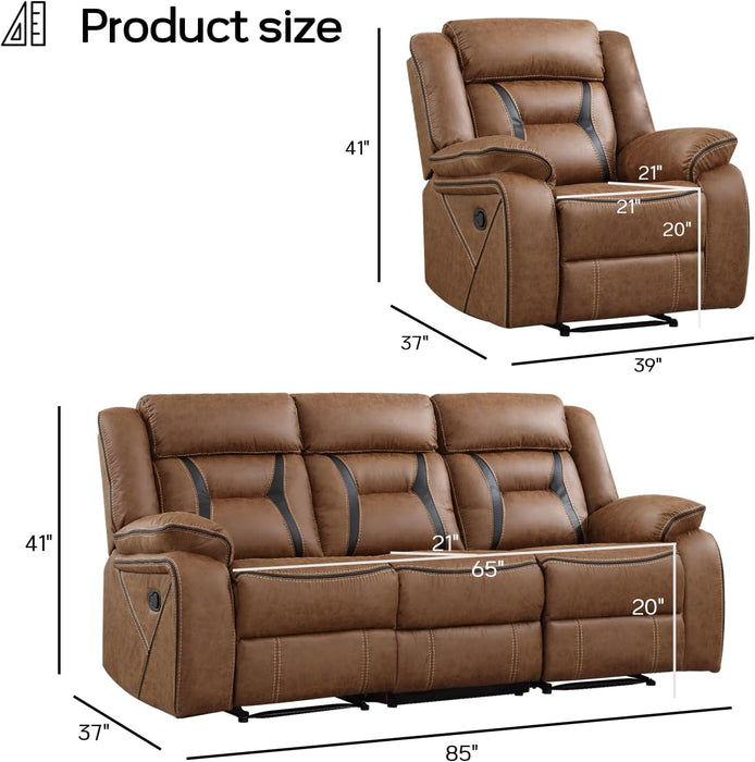 Faux Leather Recliner Sofa Furniture Set for Living Room, 2 Recliner Chairs, 3 Seat Reclining Sofa Couch Set for Meeting Room, Brown