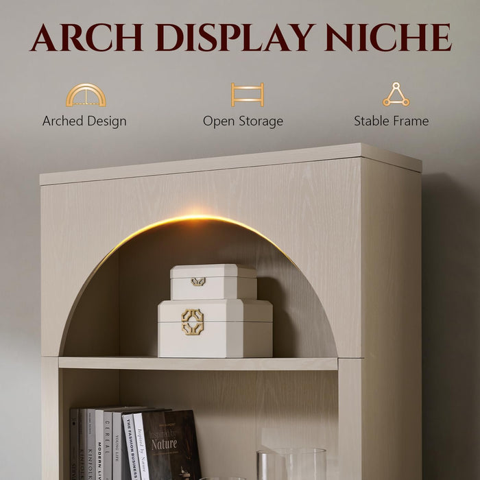 77.6" Tall Arched Bookshelf Set of 2, Wood Bookcase with Cabinet, Cream | Modern Bookcase W/Fluted Arched Door, 5-Tier Large Book Shelf W/Adjustable Shelves, Versatile Storage Cabinet for Living Room