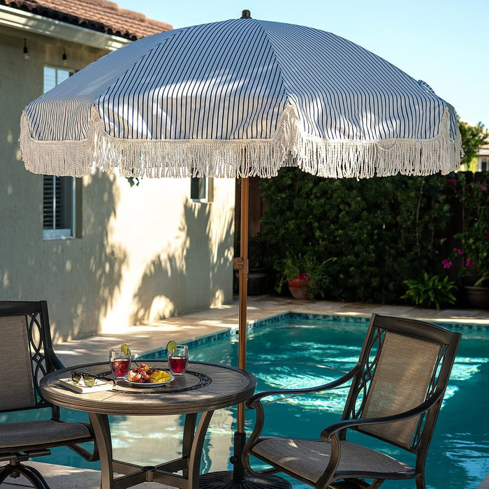 7Ft Patio Umbrella with Fringe Outdoor Tassel Umbrella UPF50+ Premium Steel Pole and Ribs Push Button Tilt, Navy Blue Stripes