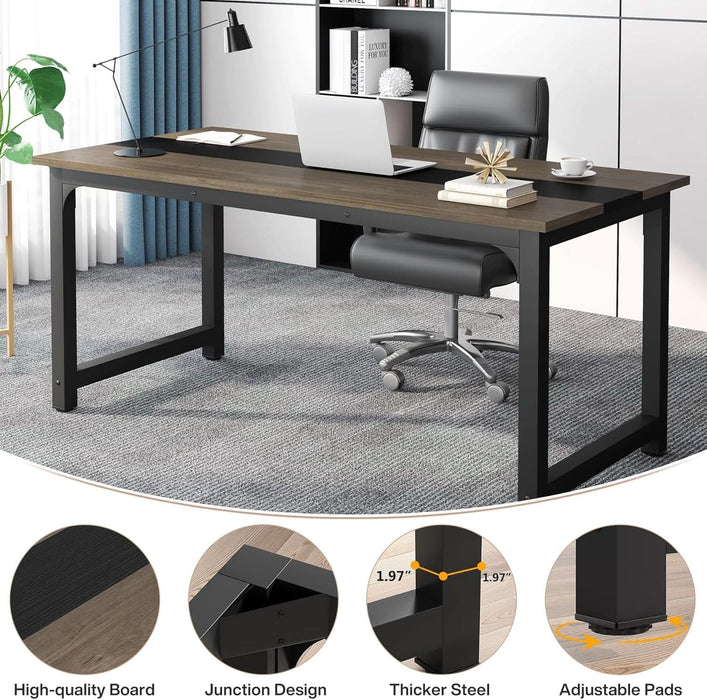 70.8” Executive Desk, Large Office Computer Desk with Thicken Frame, Modern Simple Workstation Business Furniture for Home Office, Vintage Grey/Black