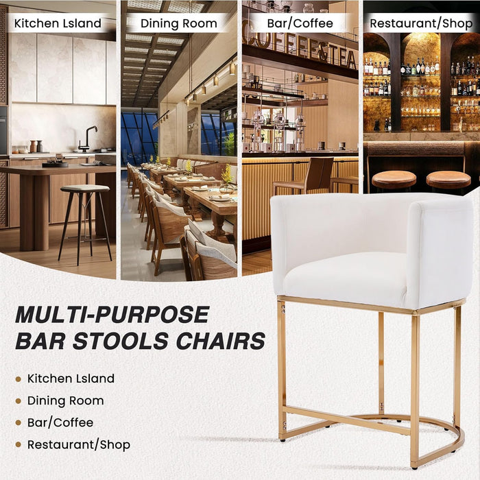 Modern Barrel Counter Height Clearance Bar Stools Set of 2, 24 Inch Velvet Kitchen Barstools with Back for Island, with Gold Metal Tubular Frame, Ivory