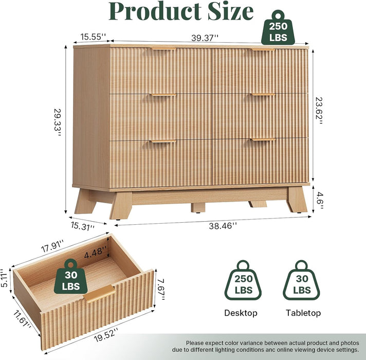 6 Drawer Dresser for Bedroom, Fluted 39.4" Wide Chest of Drawers