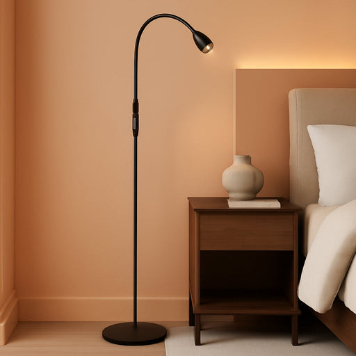 O’Bright Ray – Adjustable LED Beam Floor Lamp, Dimmable and Zoomable Spotlight, Flexible Gooseneck, Reading/Crafting Standing Lamp, Work Table Light, Matte Black