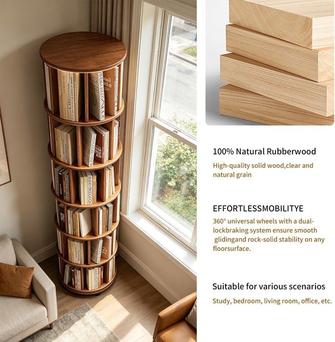 Six Tier Rotating Rubberwood Bookshelf Walnut Finish