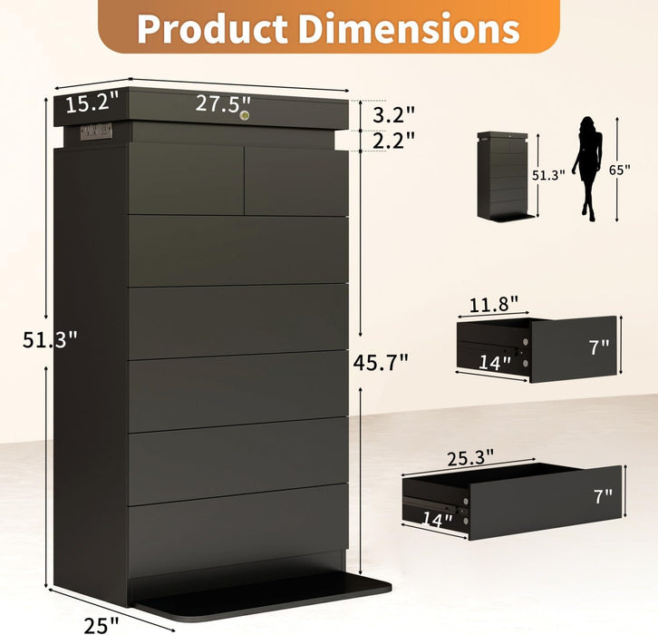 Black Tall Dresser with Sliding Top Lock & LED Light, 51.3" Tall 7 Drawer Chest of Drawers with Charging Station, Modern Wood Bedroom Storage Organizer for Closet, Hallway, Entryway
