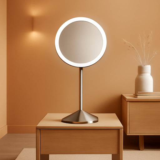Sensor Mirror Fold, 5'' with 10X Magnification, round Rechargeable Travel Makeup Mirror, Tru-Lux® Full-Spectrum Light, Adjustable Brightness & Height, Brushed Stainless Steel