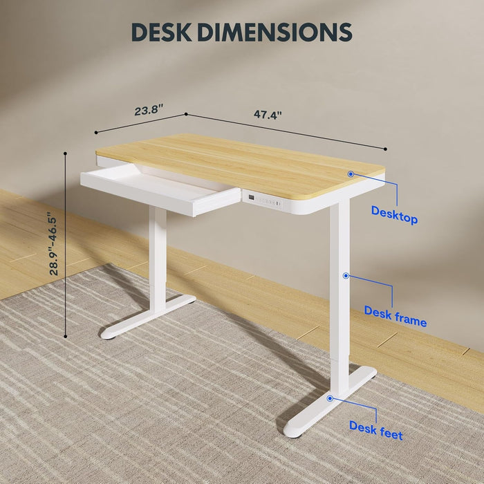 Comhar Electric Standing Desk with Drawers Charging USB Port, Height Adjustable 48" Whole-Piece Quick Install Home Office Computer Laptop Table with Storage (Maple Top + White Frame)