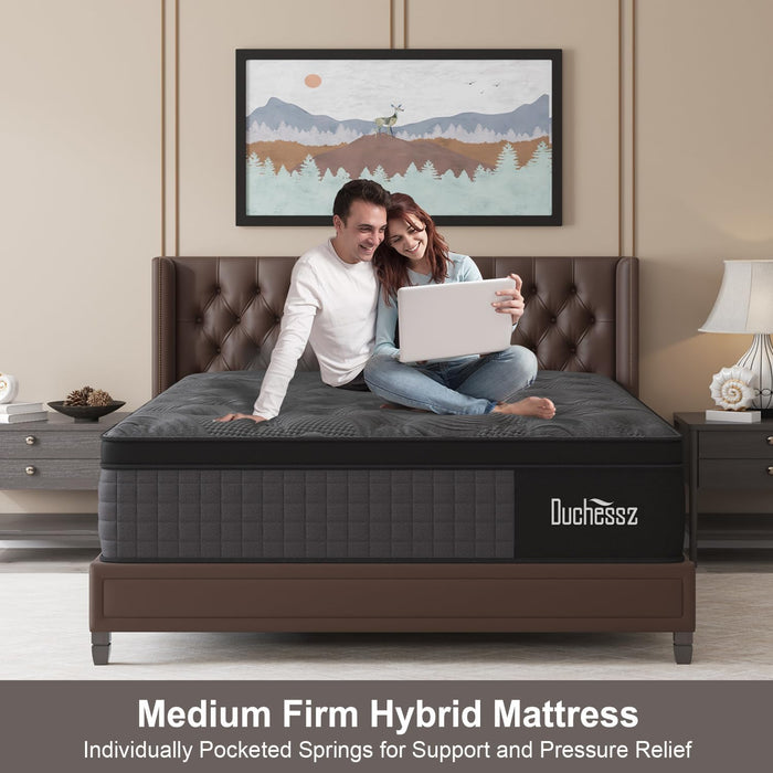 Queen Mattress, 12 Inch Hybrid Mattresses Black with Gel Memory Foam and Individually Pocket Innerspring Medium Firm for Motion Isolation, Edge Support, 100 Night Trial