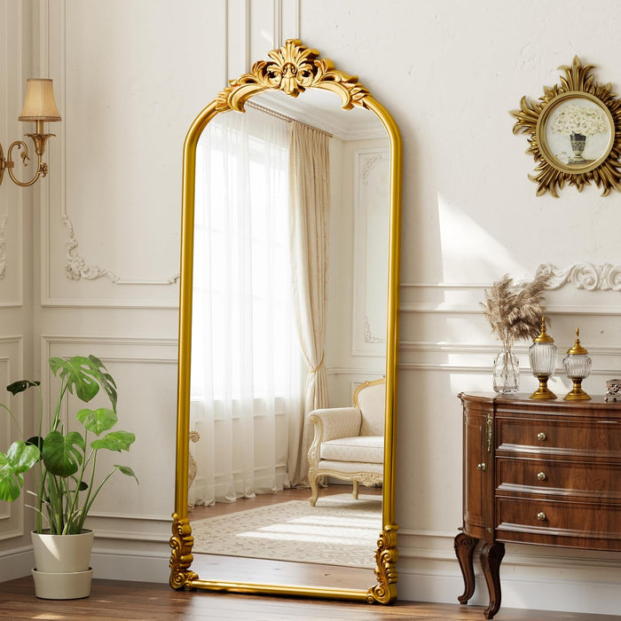 71"X32" Vintage Gold Arched Full Length Mirror with Carved
