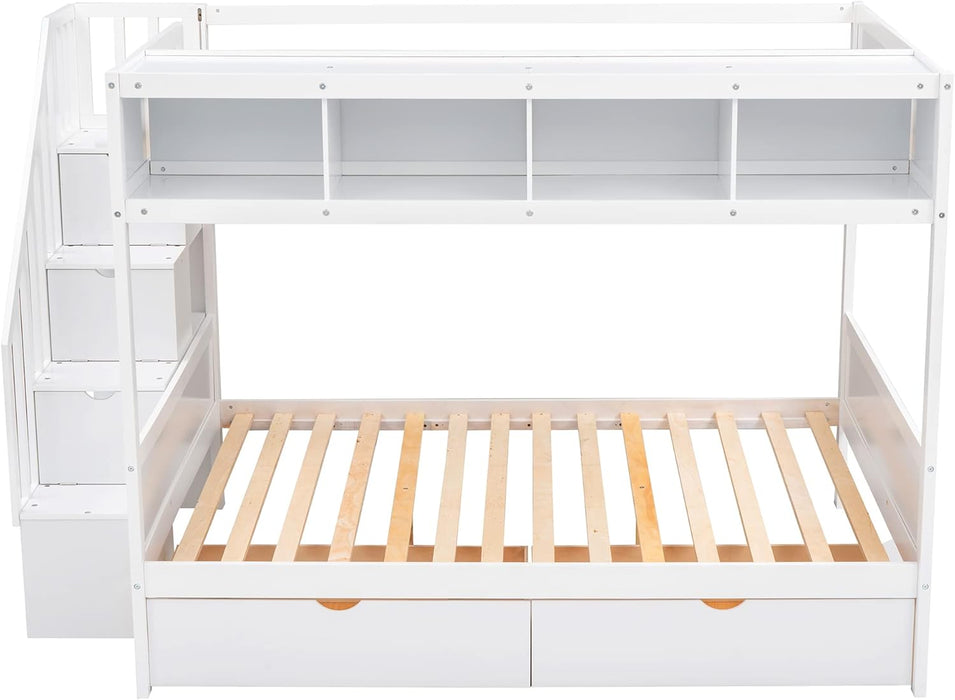 Twin over Full Bunk Bed with Storage Shelves, Stairs, Solid Wood Staiway Bunk Bed Frame with 2 Drawers, for Kids Teens Adults (White)