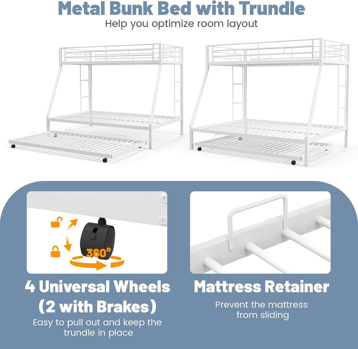 Twin over Full Bunk Bed with Trundle, Heavy-Duty Metal Bunk Bed Frame with Guardrail & 2 Ladders, Space-Saving Bunk Bed for Kids/Teens/Adults, No Box Spring Needed