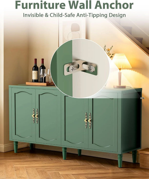 63" Sideboard Buffet Cabinet, Mid Century Modern Credenza Storage Cabinet with Carved Handle & Adjustable Shelves, Buffet Table Kitchen Coffee Bar for Living Room Dining Room - Green