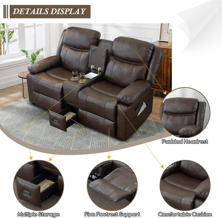 Loveseat Recliner, Reclining Loveseat with Console, Double Reclining Loveseat, 2 Seater Manual Reclining Couch for Living Room, Office, Home Theater(Pu-Brown)