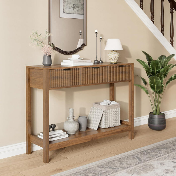 Fluted Console Table, Wooden Sofa Table with Storage and Drawers, Farmhouse behind Couch Table Entryway Table for Entrance, Hallway, Living Room, Brown