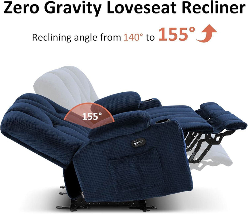 Zero Gravity Power Reclining Sofa with Console, Heat and Vibration Massage, 3 Seater Reclining Couch with USB Ports, Cup Holders for Living Room, Fabric 6035SET (Navy Blue)