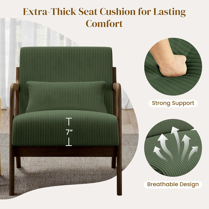 Accent Chair for Living Room, Corduroy Mid Century Modern Reading Armchairs with Lumbar Pillow for Bedroom, Decorative Sofa Chair for Adult Dark Green/Set of 2