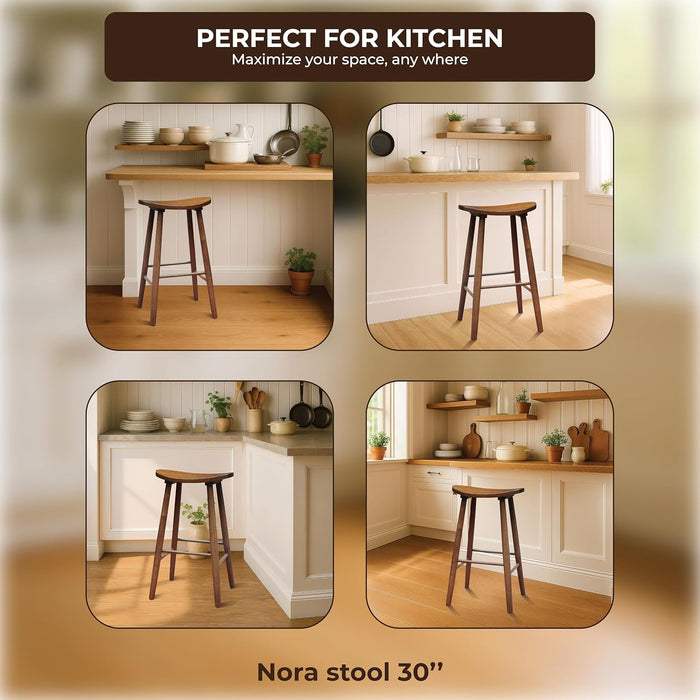 Nora 30" Backless Bar Stool, Solid Rubber Wood, Brown Finish, Saddle Seat for Kitchen or Bar