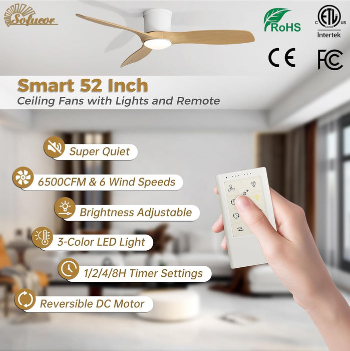 52 Inch Smart Ceiling Fan with Lights, Modern Low Profile Flush Mount Ceiling Fan with 6500CFM, Compatible with Alexa/Google/App, 3 ABS Blade, Dimmable Timer Reversible DC Motor, ETL, ABS