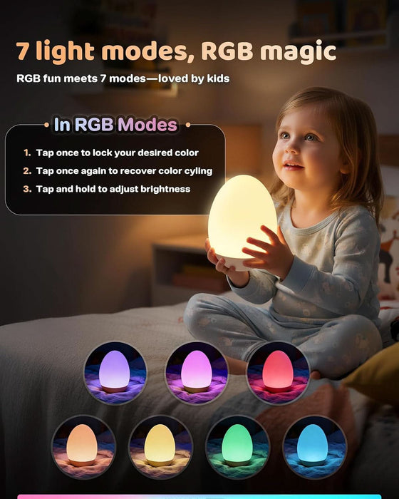 Egg Night Light for Nursery: Baby Night Lights Tap Lamp Stepless Dimming with Warm White and 7 RGB Colors Rechargeable Portable for Infant and Kids Bedroom Breastfeeding Sleep Aid