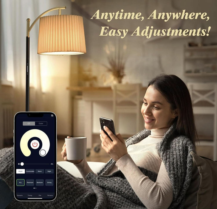 Modern Dimmable Floor Lamp with Fabric & Pleated Shades, Remote & Touch Control, Adjustable Brightness & Color Temperatures, Tall Standing Lamp for Living Room Bedroom Office (Black Gold)