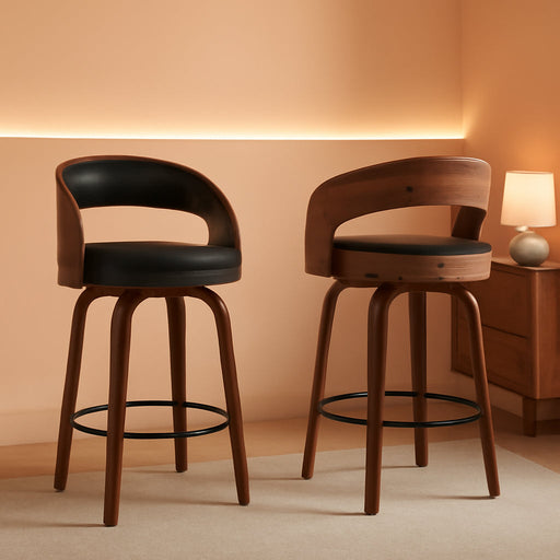 Swivel Bar Stools Set of 2,26" Faux Leather Upholstered Counter Height Barstools with Back,Mid-Century Modern Bar Chairs with Bentwood Legs and Footrest for Kitchen Island Bar Counter Black