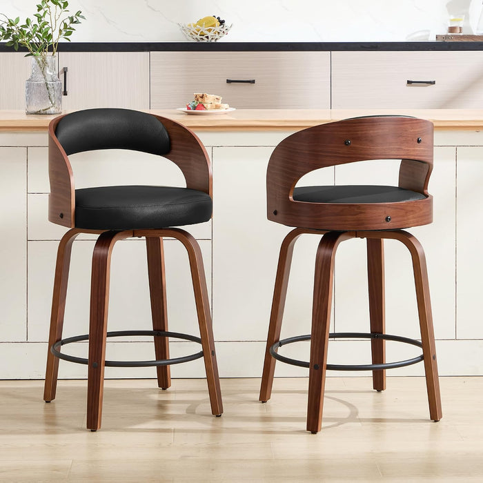 Swivel Bar Stools Set of 2,26" Faux Leather Upholstered Counter Height Barstools with Back,Mid-Century Modern Bar Chairs with Bentwood Legs and Footrest for Kitchen Island Bar Counter Black
