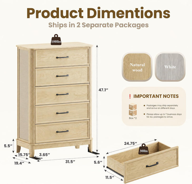 5 Drawer Dresser for Bedroom, Modern Farmhouse Chest of Drawers with Rattan Side Panels, Wooden Storage Cabinet with Metal Handles, Solid Wood Legs & Anti-Tip Kit for Living Room, Natural Wood