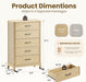 5 Drawer Dresser for Bedroom, Modern Farmhouse Chest of Drawers with Rattan Side Panels, Wooden Storage Cabinet with Metal Handles, Solid Wood Legs & Anti-Tip Kit for Living Room, Natural Wood