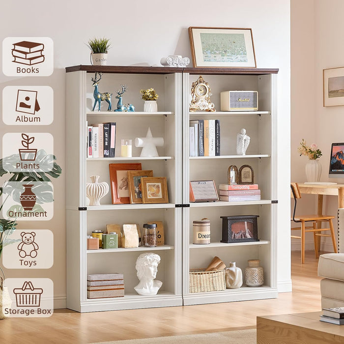 70" White Tall Book Shelf, 5 Tier Wooden Farmhouse Bookcase | Adjustable Shelves Book Case, Open Display Storage, Wood Veneer Bookshelves, Thick Sturdy Base, for Living Room,Office