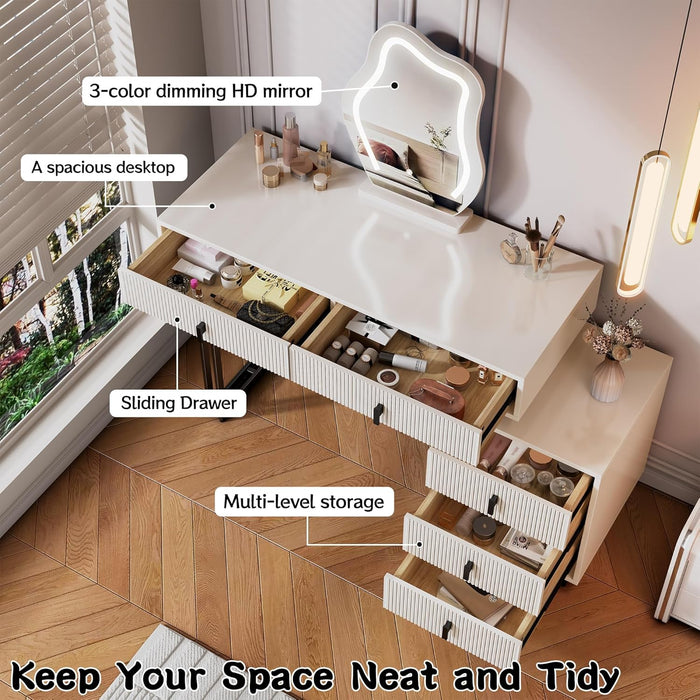 Vanity Desk with Mirror and Lights| Small Makeup Vanity Set with Adjustable Cabinet & 5 Drawers Storage| Modern Dressing Table for Small Spaces & Bedroom(White and Black)