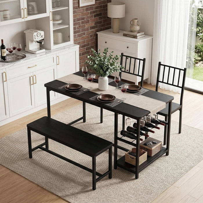 55-Inch Dining Table Set for 4 with Bench, Wine Rack, Black