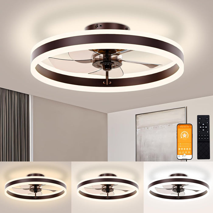 Low Profile Ceiling Fans with Lights and Remote, 19.7In Flush Mount Ceiling Fans with Light, 3000K-6500K Dimmable Fandelier LED Fan Light, Brown Bladeless Ceiling Fans with Lights for Bedroom