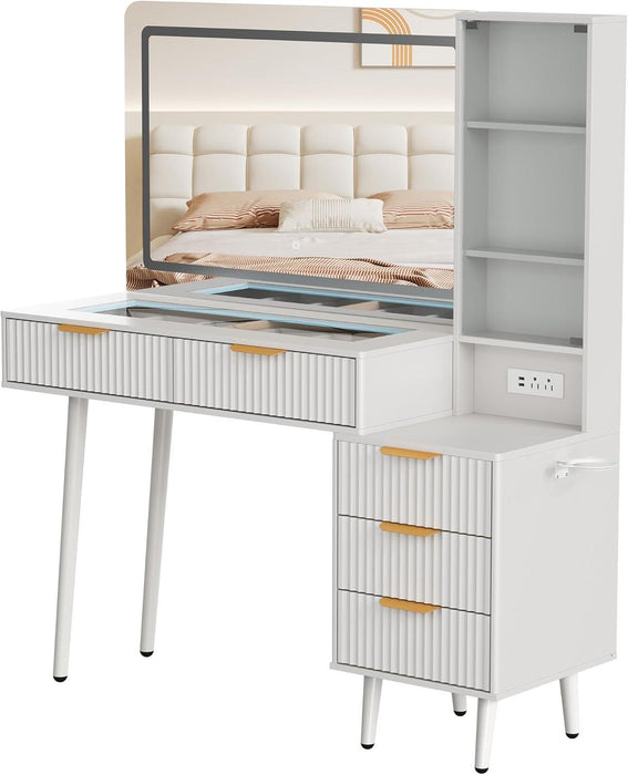 Makeup Vanity Desk with Mirror and Lights, 48" Fluted Makeup Table with Glass Top, Vanity Desk with 5 Drawers, Open Shelf & Power Outlet, Modern Dressing Table for Bedroom Living Room