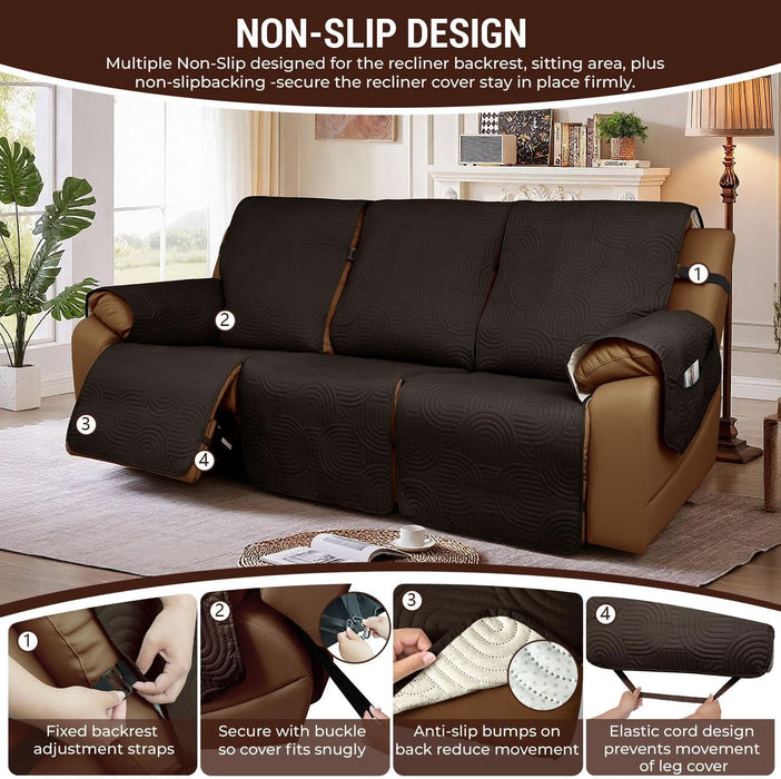 Waterproof Recliner Sofa Cover,Non Slip Couch Cover for Reclining Sofa Washable Furniture Protector with Elastic Straps Pocket for Kids, Pets (Chocolate, 3 Seater)