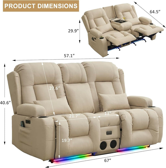 Loveseat Recliner Sofa with Massage and Heat, Power Reclining Loveseat Sofa RV Couch with Console, Home Theater Seating with LED Lights, Bluetooth Speakers, USB, Outlets, Leathaire, Beige