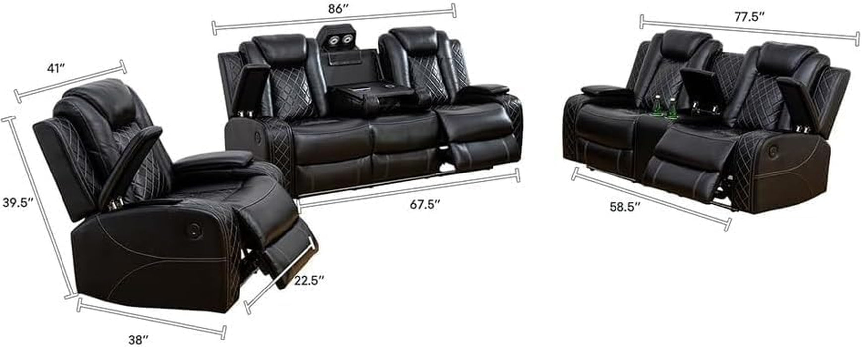 Multifunction Power Recliner Couch Set with LED Light, Storage Console, Cup Holders, USB Charging Port (3Piece, Black)